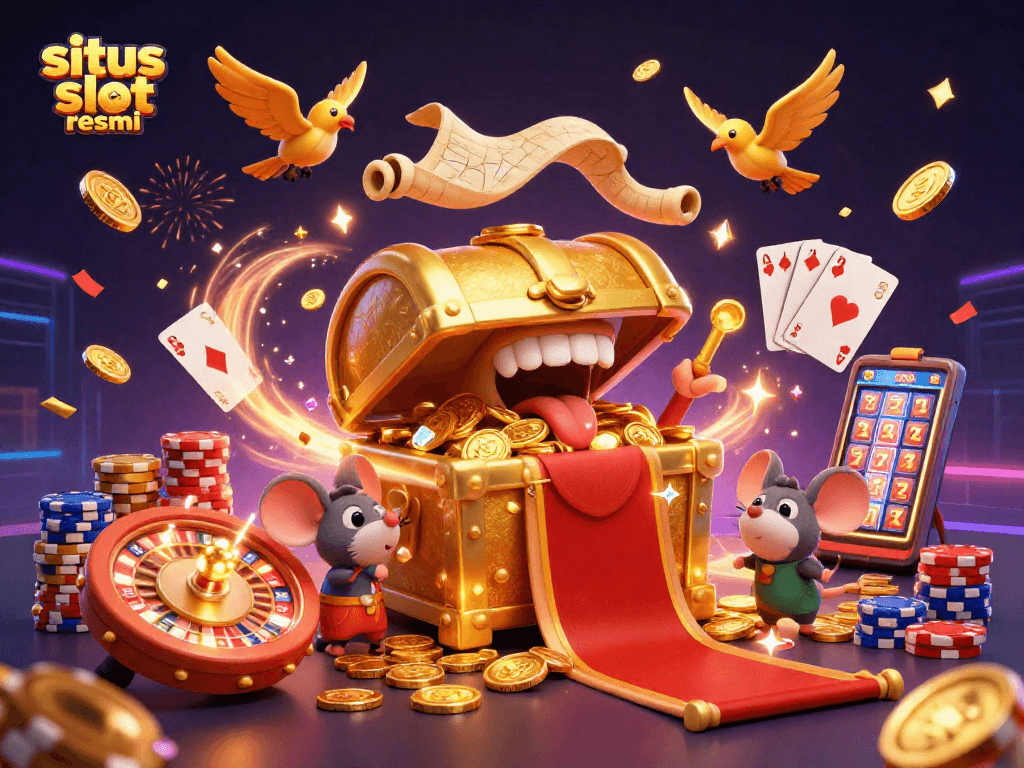 Experience rich rewards with situs slot resmi featuring vibrant treasure chests and dynamic casino elements.