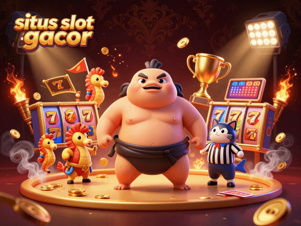 Engage with the exciting situs slot gacor featuring a dynamic underwater scene with a sumo fugu and slot game elements.