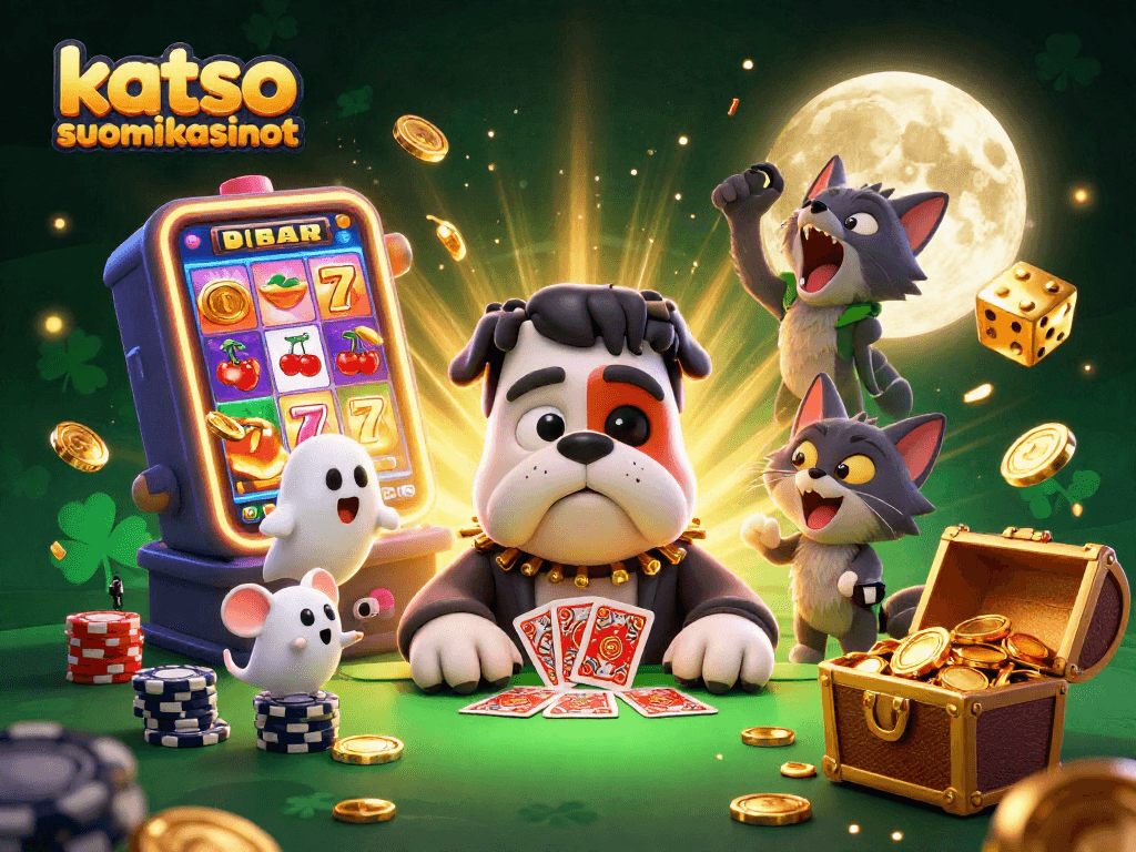 Engage with katso suomikasinot at a lively casino scene featuring whimsical characters and thrilling game elements.