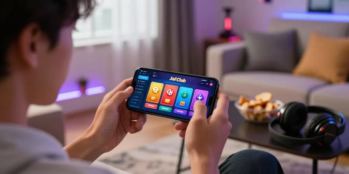 Exciting moment in online gaming with Jai Club app on smartphone, showcasing vibrant game options and engaging atmosphere.