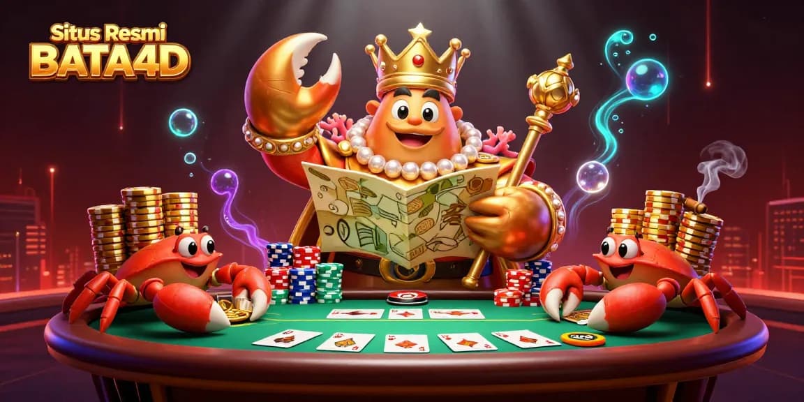 Situs Resmi BATA4D menggambarkan keceriaan dengan karakter kepiting emas dan elemen permainan kartu yang memukau.