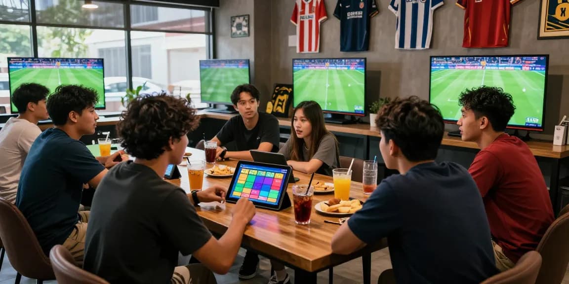 Exciting social atmosphere of Taruhan Mix Parlay Bola88 at sports lounge with friends watching live football.