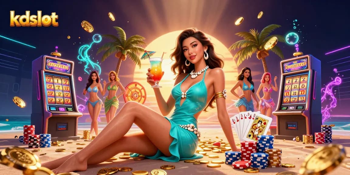 Experience excitement at kdslot with vibrant casino elements and a glamorous character in an exquisite tropical setting.