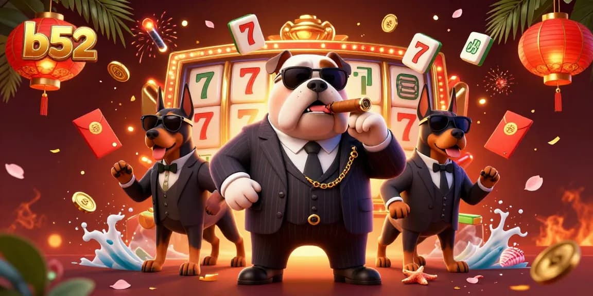 B52 casino illustration showcasing a mafia bulldog with jackpot elements, thrilling gaming atmosphere for players.