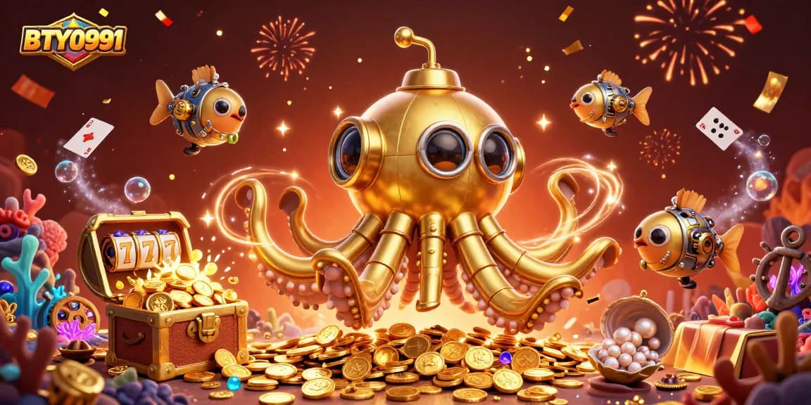 Experience the excitement of BTY0991 with a vibrant underwater casino scene featuring rich gold and dynamic game elements.