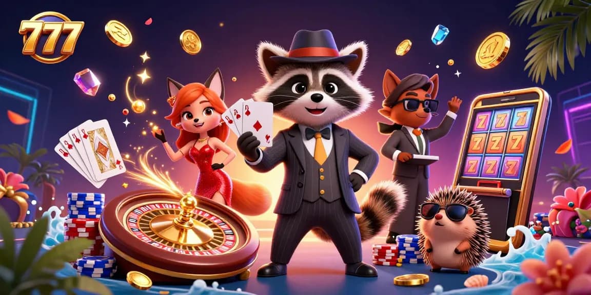 Experience the thrill of hitting 777 on slot machines with a raccoon in a suit, lively fox lady, and hedgehog bouncer.
