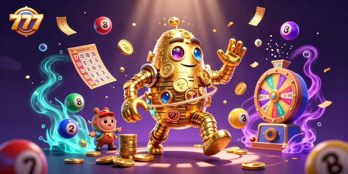 Engage with the thrilling 777 experience of a vibrant casino scene featuring a golden golem and lively game elements.