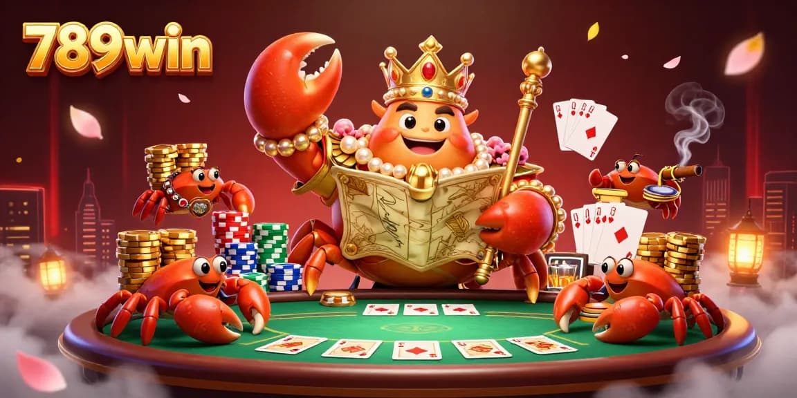Experience the vibrant world of 789win with a golden crab emperor surrounded by poker elements and treasure.