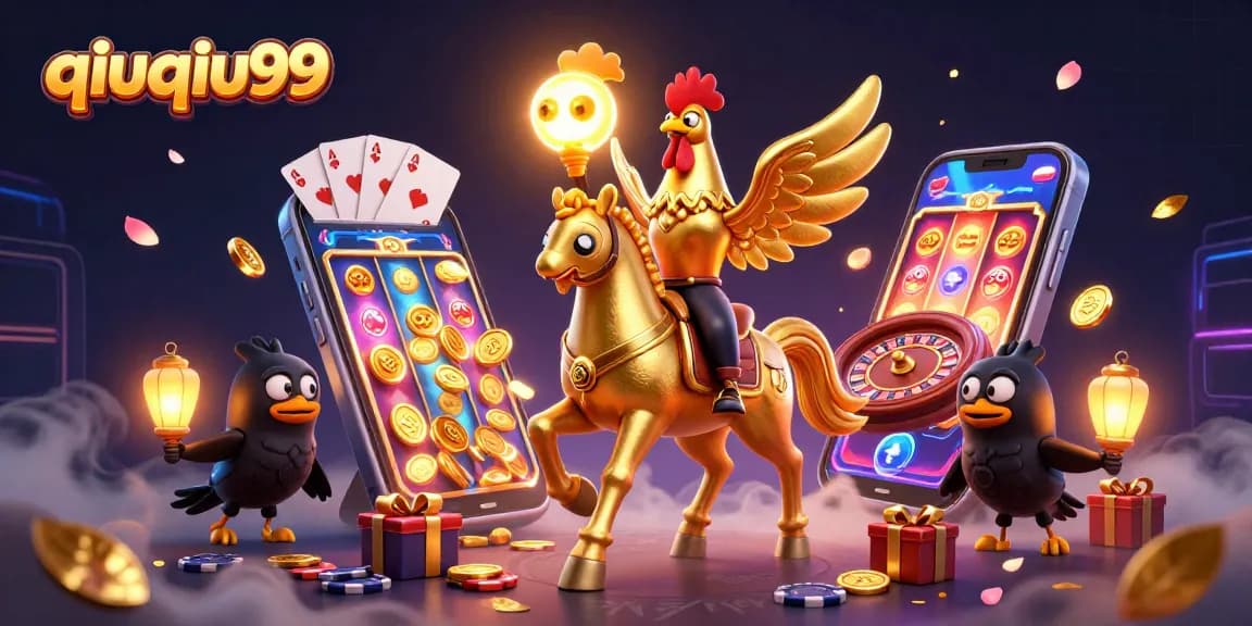 Experience the thrill of qiuqiu99 with golden rooster and casino elements in a vibrant night scene.