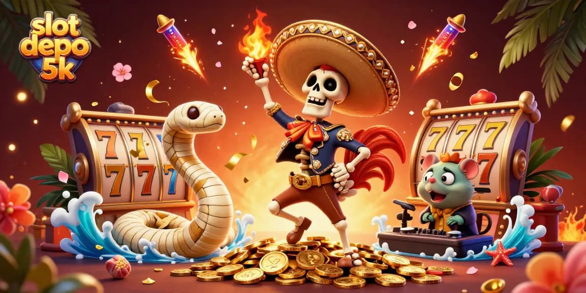 Experience the excitement of slot depo 5k with dynamic illustrations of winning characters and vibrant casino elements.