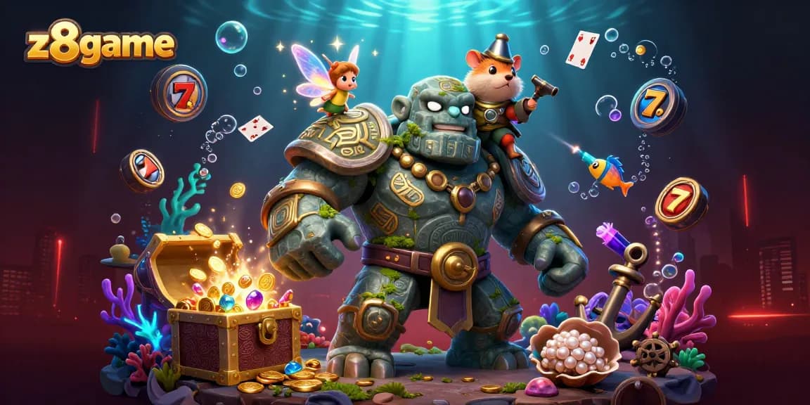 Experience z8game excitement with a vibrant animated scene featuring a golem and lucky charms.