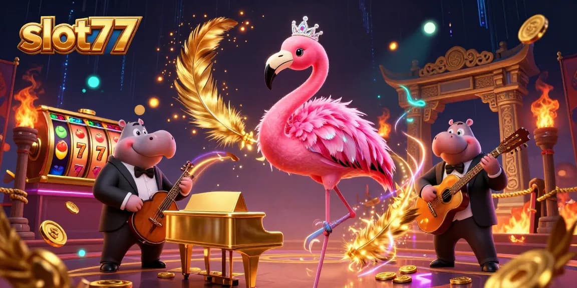 Experience thrilling gameplay at slot77 with vibrant slot reels and charming characters in a casino scene.
