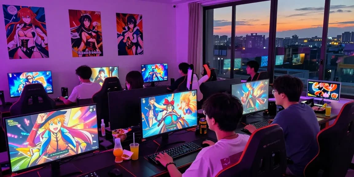 Playful group enjoying hentai games in a vibrant gaming room atmosphere