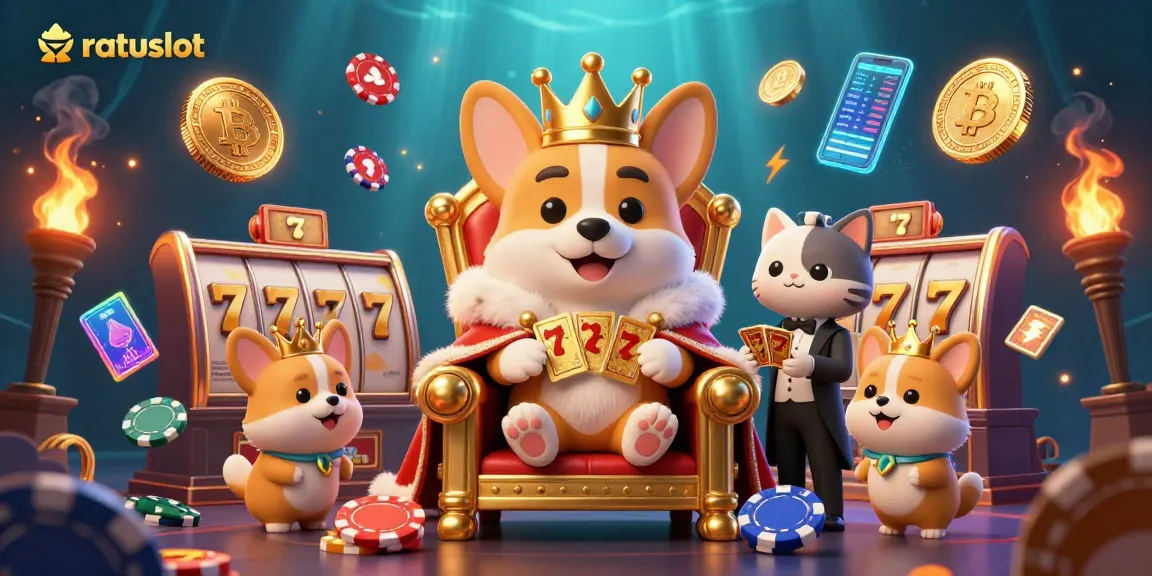 Ratuslot slots ignite excitement with royal corgi in gold crown, jackpot counters, and glowing coins.