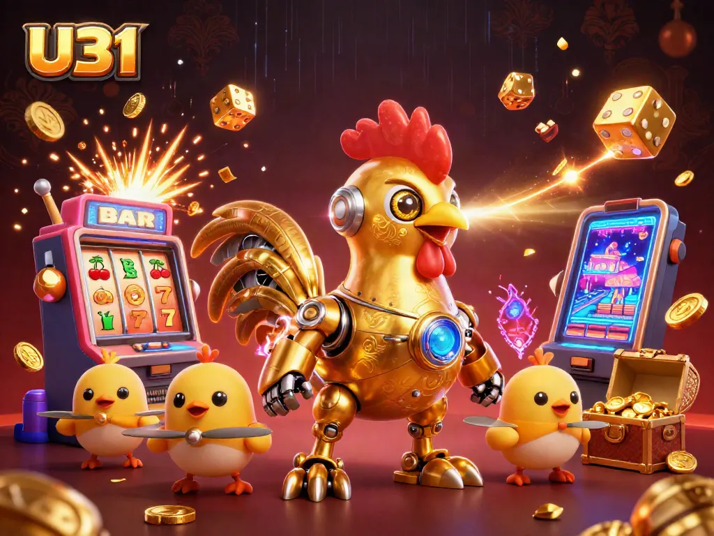 Experience thrilling casino action with U31 as the golden rooster robot shoots laser beams of luck amidst a jackpot explosion.