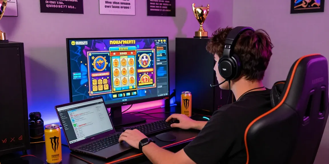 Engaged player enjoying ngamenjitu online gaming experience with lottery slots and colorful interfaces in a vibrant gaming setup.