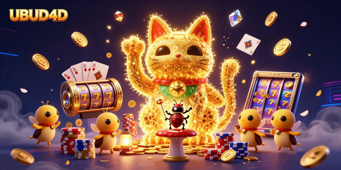 Experience UBUD4D's vibrant casino world where golden fireflies and a lucky cat inspire memory gameplay.