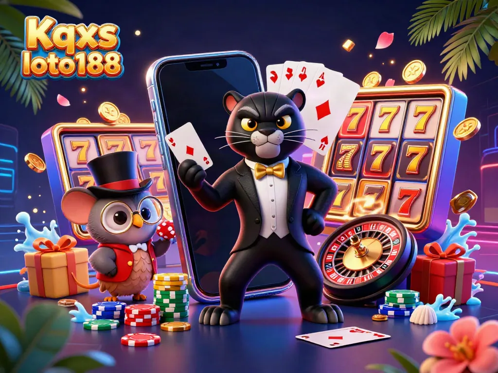 Kqxs loto188 brings thrilling live card dealing action with vibrant slot game elements and charming characters.