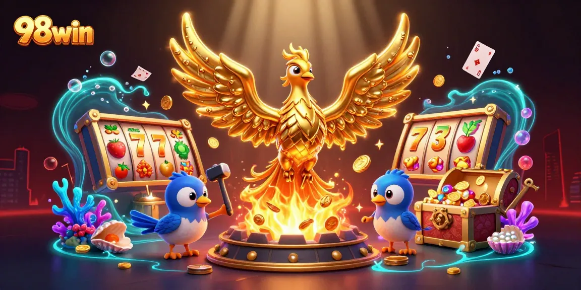 Experience thrilling 98win slot action with golden phoenix and vibrant casino elements in a dynamic illustration.