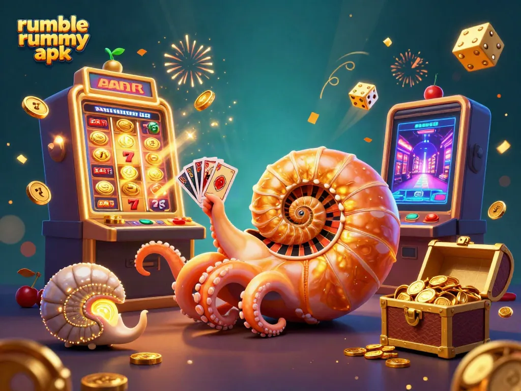 Experience the excitement of Rumble Rummy APK with a dynamic illustration featuring jackpot moments and casino elements.
