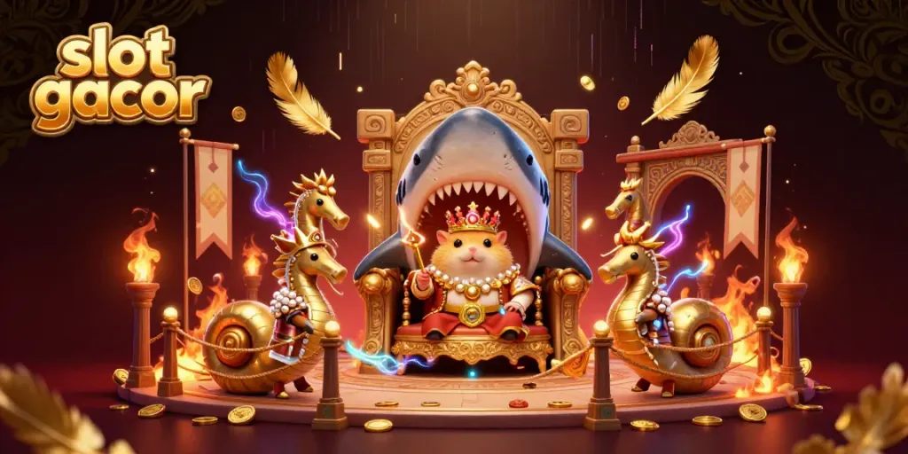 Raja hamster bermain slot gacor dikelilingi seahorse penjaga dan koin emas.