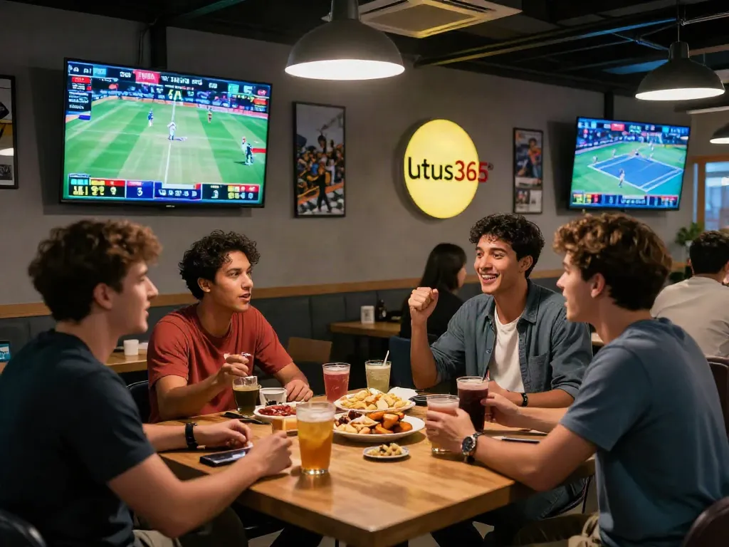 Engaged group of friends enjoying live betting on lotus365 with screens displaying sports matches.