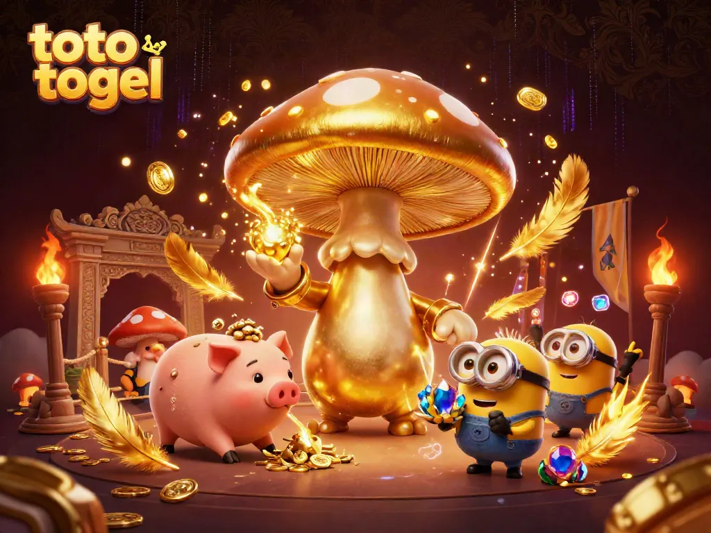 Experience thrilling toto togel action with a golden wizard, treasure-hunting pig, and gem-carrying minions in a captivating casino scene.