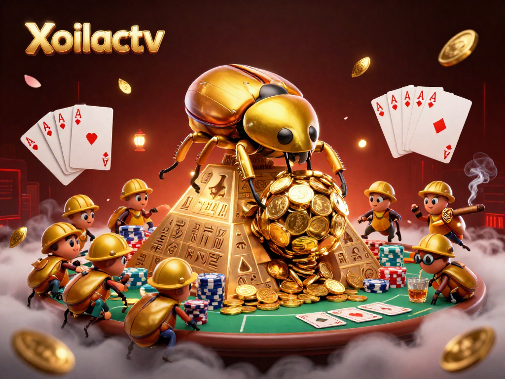 Xoilactv brings vibrant excitement with golden beetles and poker elements in a casino setting.
