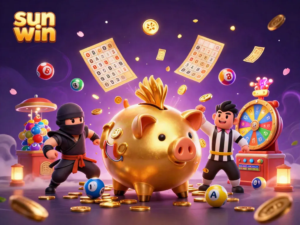 Experience the excitement of sun win as a golden piggy bank sumo wrestler shakes coins in a vibrant casino scene.