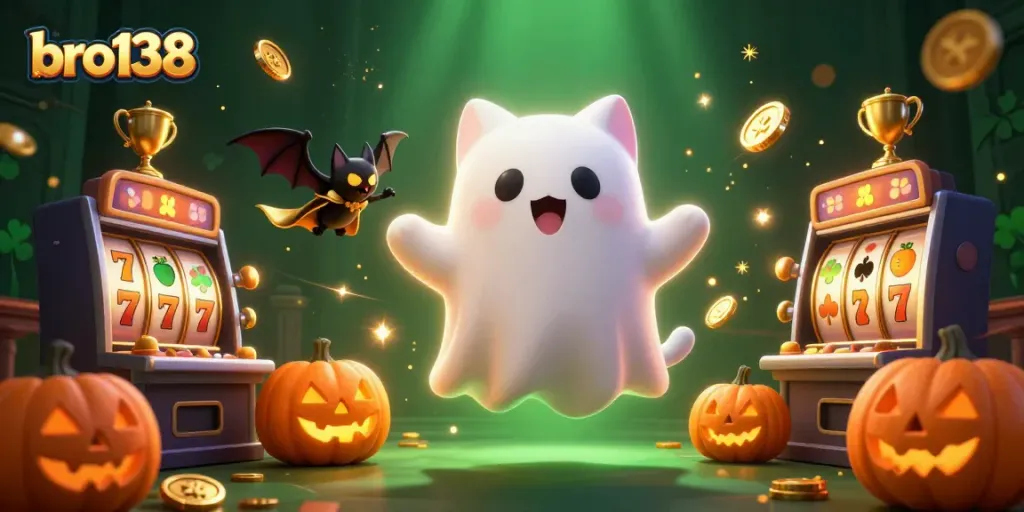 Experience thrilling wins with bro138: a lively ghost cat and bat in a vibrant casino.