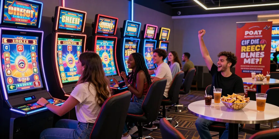 Pengalaman bermain slot di kasino online, dengan teman-teman tersenyum dan suasana yang ceria.