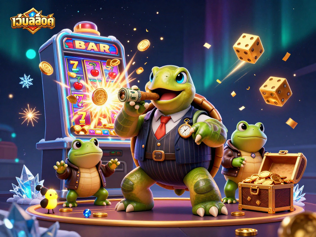 Spin the เว็บสล็อต and win big as a turtle mobster and bullfrog enforcers celebrate jackpot moments.