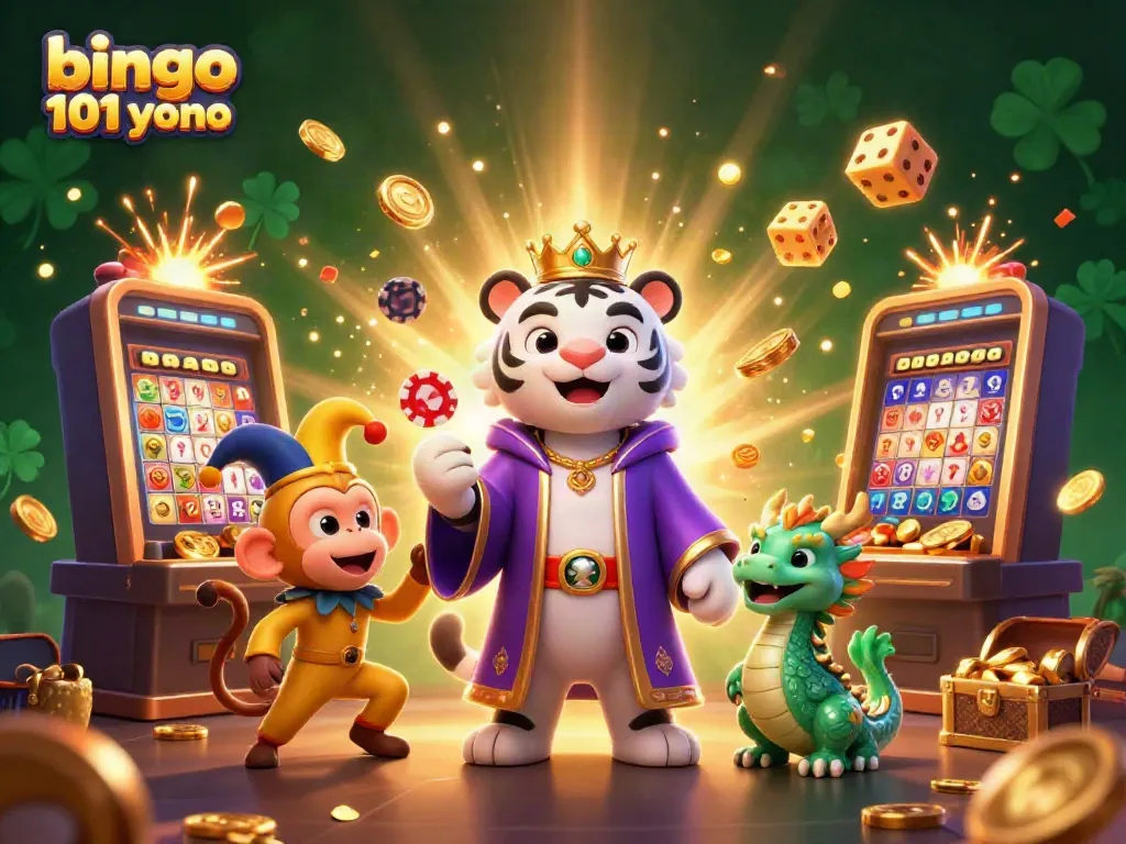 Experience bingo 101 yono with playful characters, slot machine thrills, and vibrant casino elements.