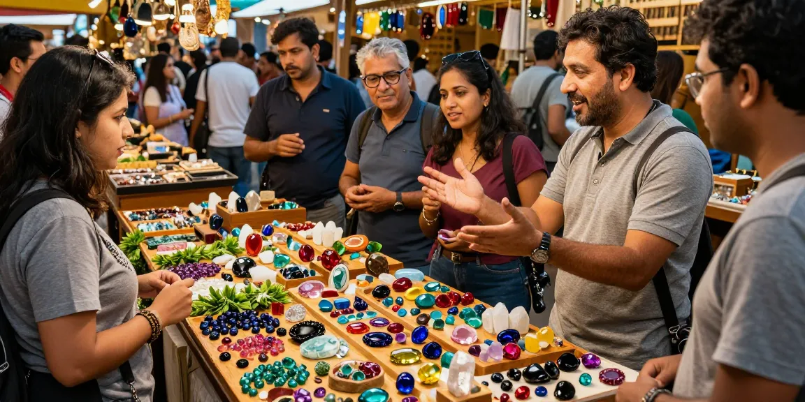 Gemstone market scene showcasing vibrant gemstones at https://www.mygemspot.com with enthusiastic buyers and a lively atmosphere.