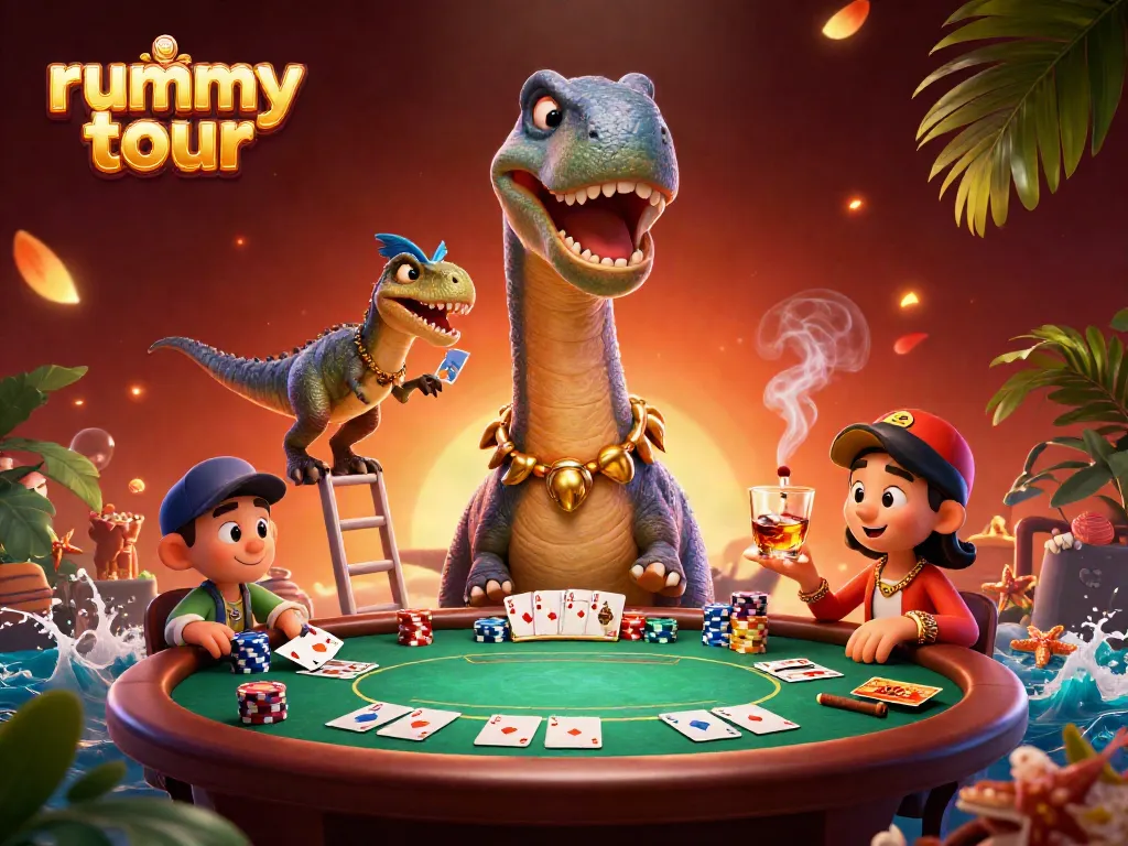 Rummy tour menghadirkan suasana kasino dengan dinasaurus dan raptor yang beraksi.