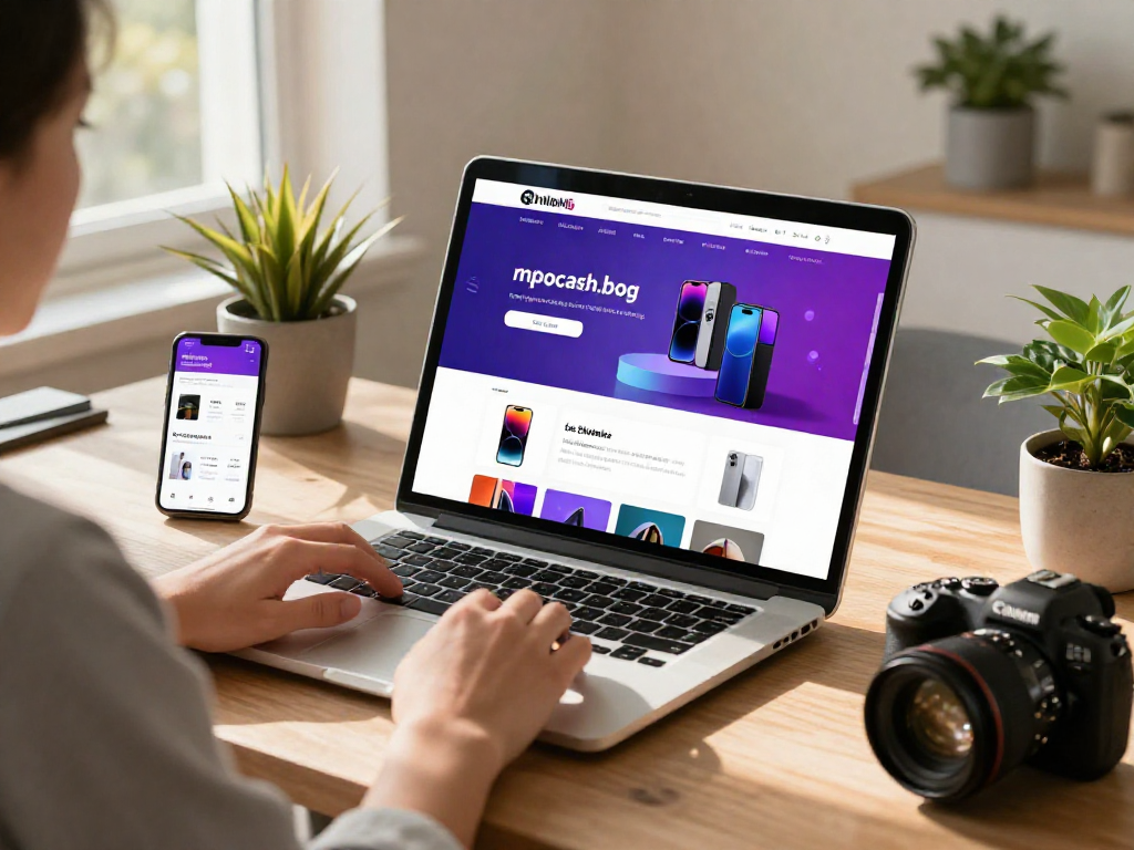 Shopping online on mpocash.blog with trendy tech products displayed on a laptop.