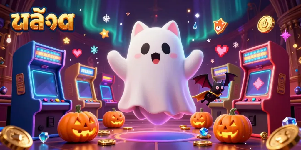 Engage with slots at a vibrant haunted casino featuring a ghost cat and gaming machines