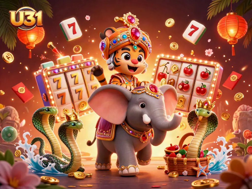 Experience thrilling U31 slots with a vibrant scene featuring a maharaja tiger, elephant, and slot reels.