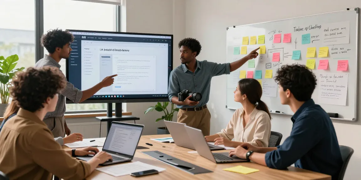Professionals using AI writing tools in a modern office collaboration