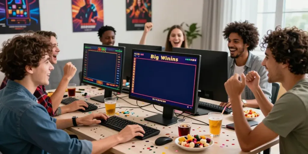 Friends celebrating a big win playing online slot games in a cozy living room setting.