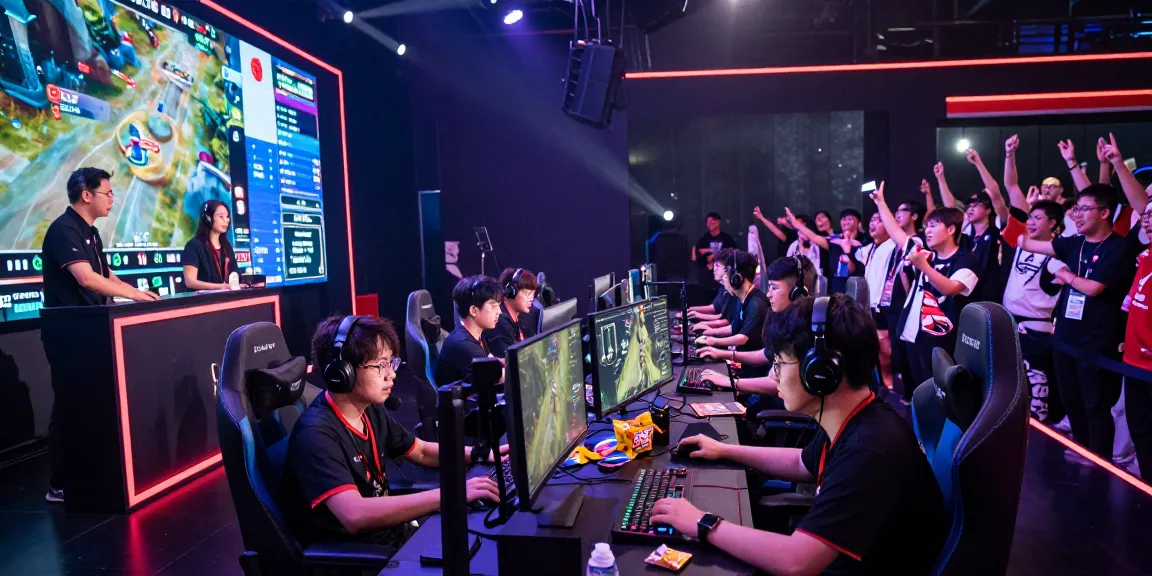 Exciting esports arena showing a hit club gaming competition with intense players and cheering crowd.