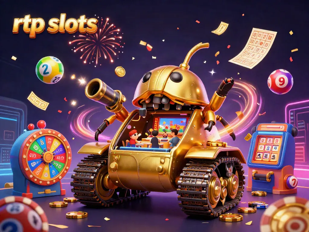 Experience exciting rtp slots with a festive illustration of a golden beetle tank casino and dynamic game elements.