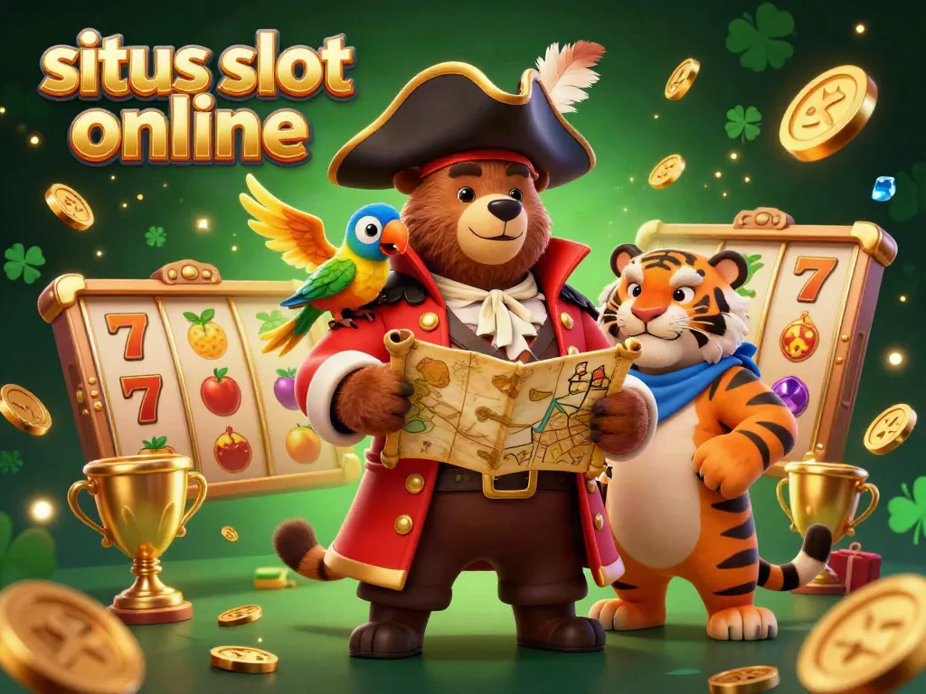 Bermain situs slot online dengan simbol keberuntungan, jackpot, dan hewan kartun unik.