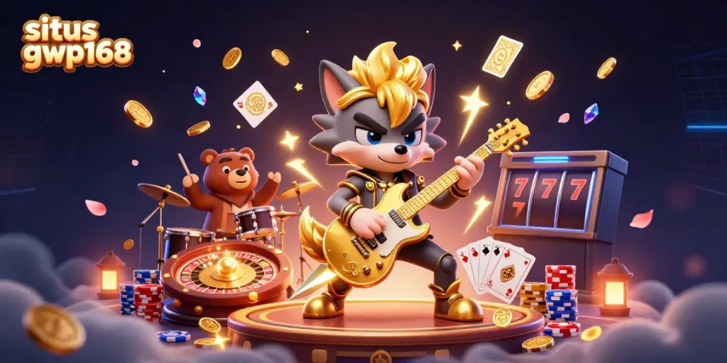 Ilustrasi kasino 3D situs gwp168 menunjukkan wolf rock star dan bear drummer berserakan koin emas dan kartu bermain.