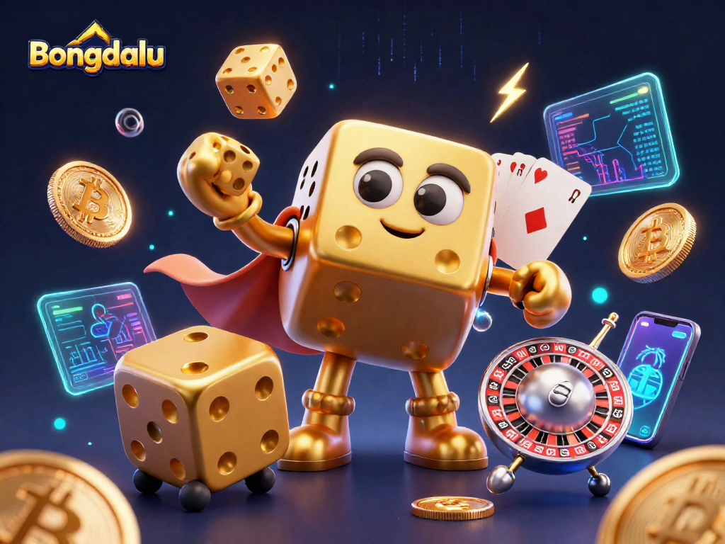 Bongdalu's 3D illustration features a dynamic scene with a golden dice golem and crypto-themed elements.