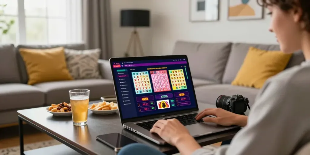 Individual engaged in online gambling with the unsurtoto platform, enjoying a cozy home atmosphere.