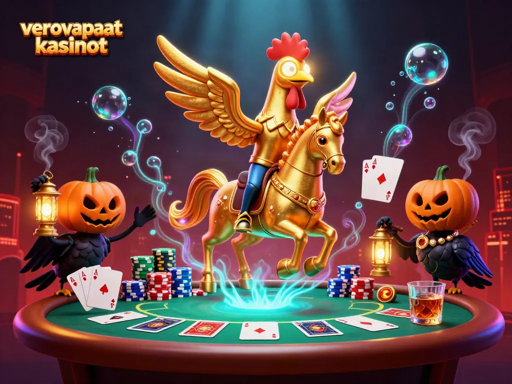 Verovapaat kasinot - kullanhohtoinen kukko ja aavehevonen keskellä kasinoa, pokeripöydän kera.
