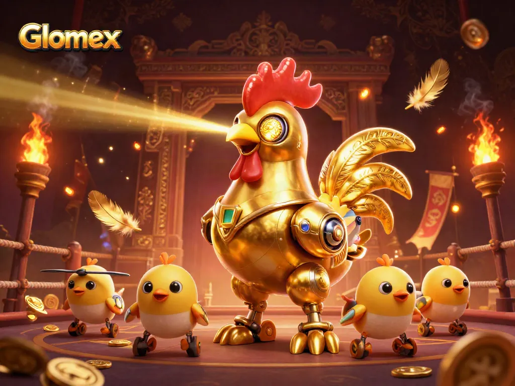 Engage in thrilling gameplay with Glomex featuring a golden rooster robot in a dynamic casino scene.
