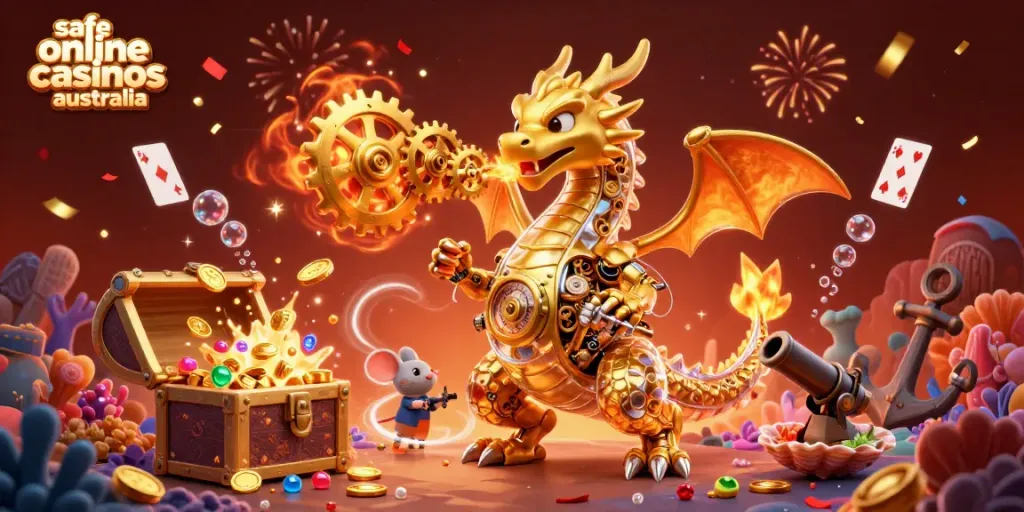 Promote safe online casinos Australia with a vibrant 3D dragon and treasure-filled casino scene.