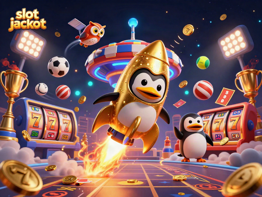 Experience the excitement of slot jackpots with a golden penguin blasting coins in a vibrant 3D illustration.